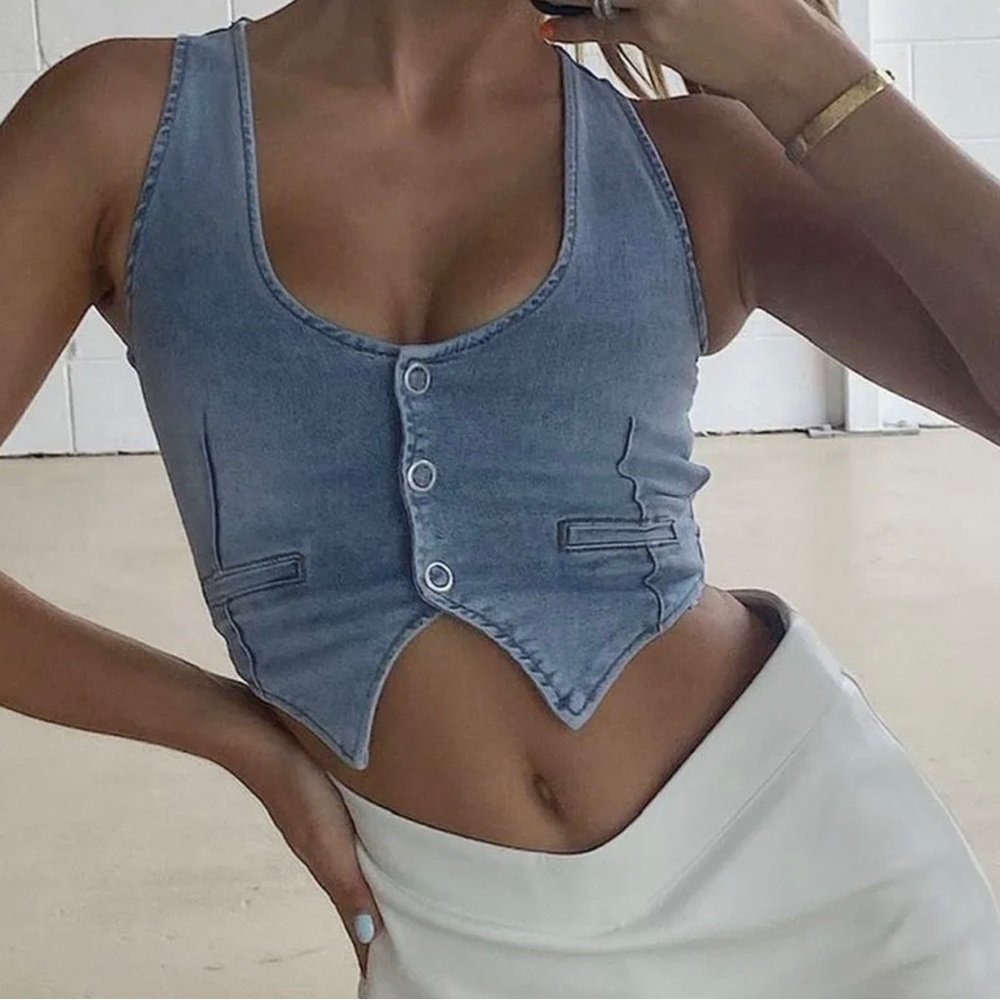 Tiger Mist Blue Denim Crop Top